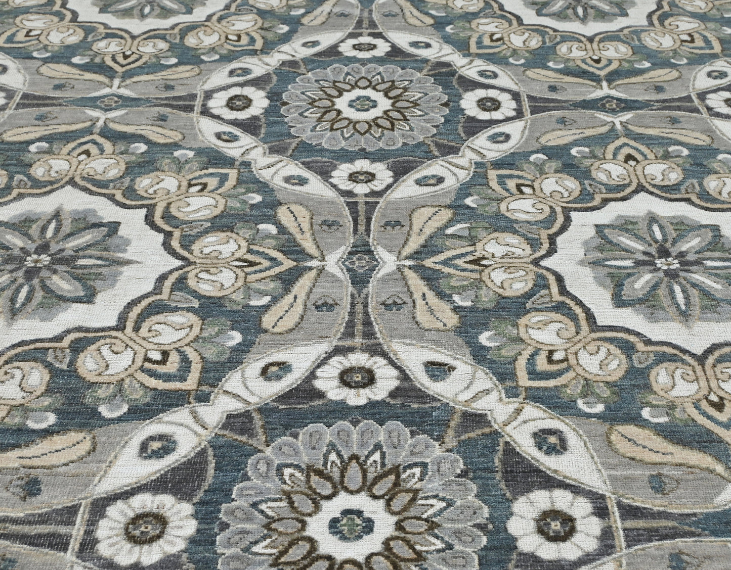 Intricate wool 9 x 12 rug in denim blue with new traditional pattern