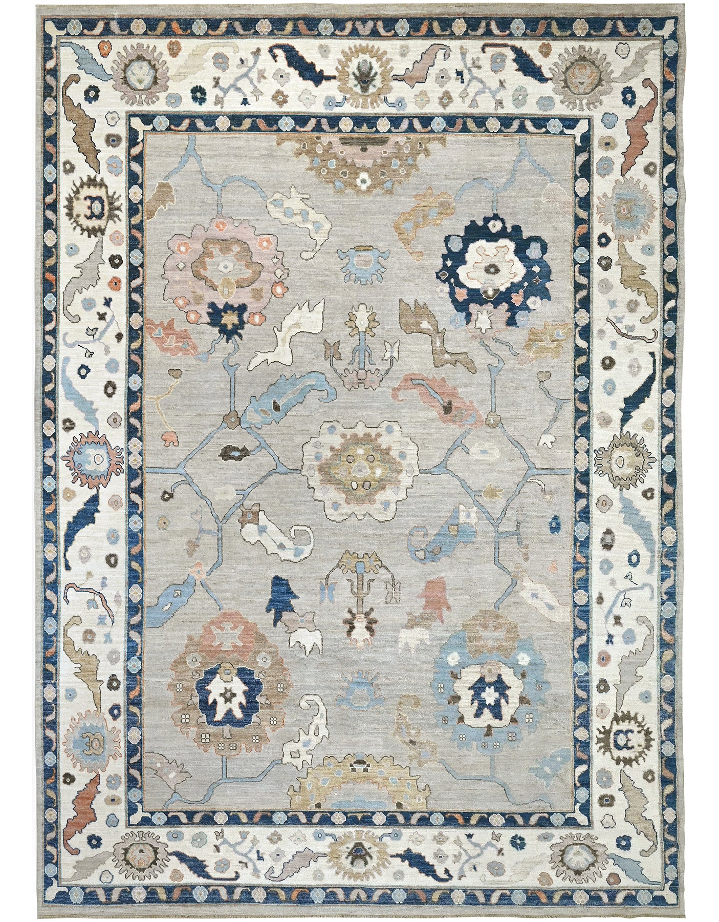 Luxury wool 9 x 12 oushak rug with navy, blue, gold, and gray.