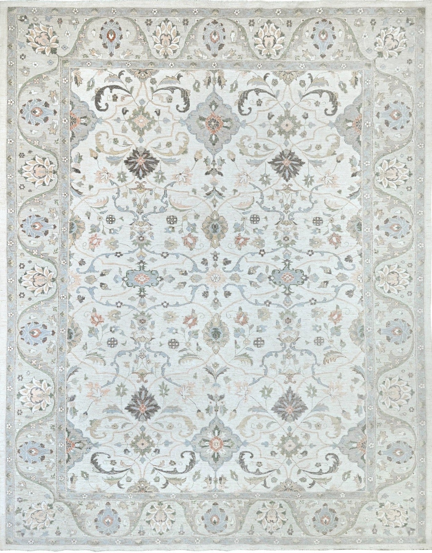 Luxury designer rug, neutral colors with a softly flowing pattern. Detailed border, size 10 x 14.