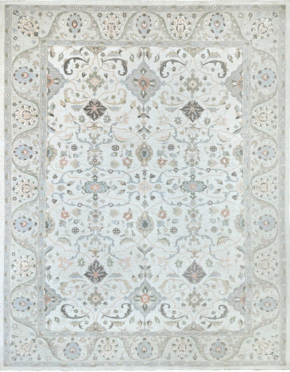 Luxury designer rug, neutral colors with a softly flowing pattern. Detailed border, size 10 x 14.