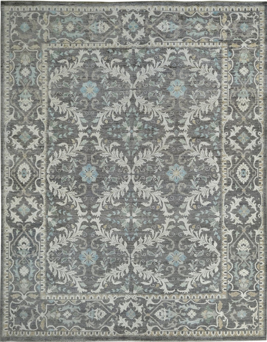 400 Char luxury hand-knotted gray 8 x 10 wool rug with a flowing pattern and accents of blue and cream.