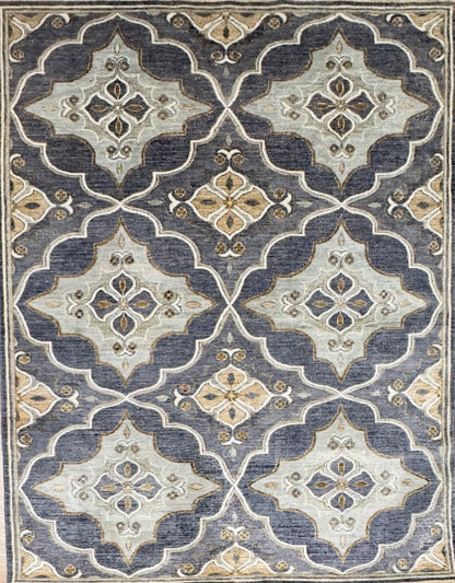 New traditional gray hand-knotted rug with large scale, repetitive pattern with accents of seafoam, brass, and tobacco brown. Size 5 x 7