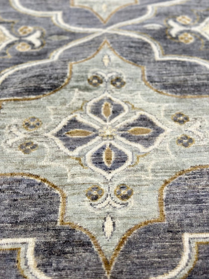 New traditional gray hand-knotted rug with large scale, repetitive pattern with accents of seafoam, brass, and tobacco brown. Size 5 x 7