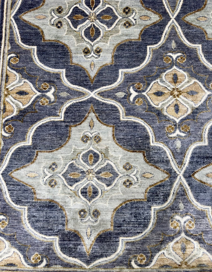 New traditional gray hand-knotted rug with large scale, repetitive pattern with accents of seafoam, brass, and tobacco brown. Size 5 x 7
