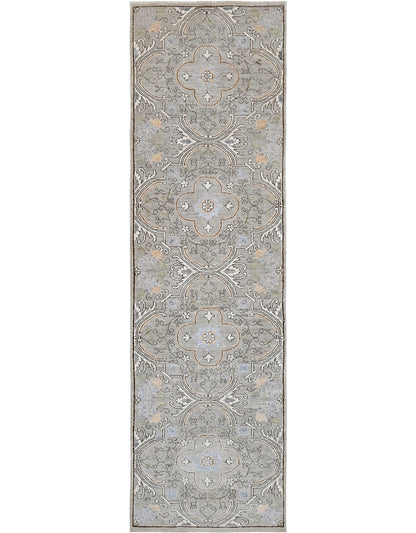 Hand-knotted wool ten foot long runner with a transitional pattern in gray, blue, cream, and tan