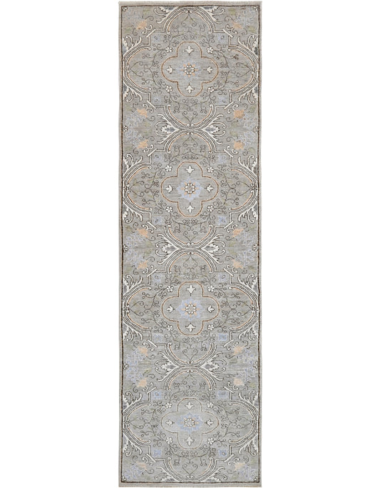 Hand-knotted wool ten foot long runner with a transitional pattern in gray, blue, cream, and tan