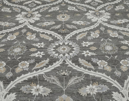 Luxury handknotted 8 x10 woolrug. Gray overall color with accents of ivory, beige, and camel. Soft flowing pattern with a border.