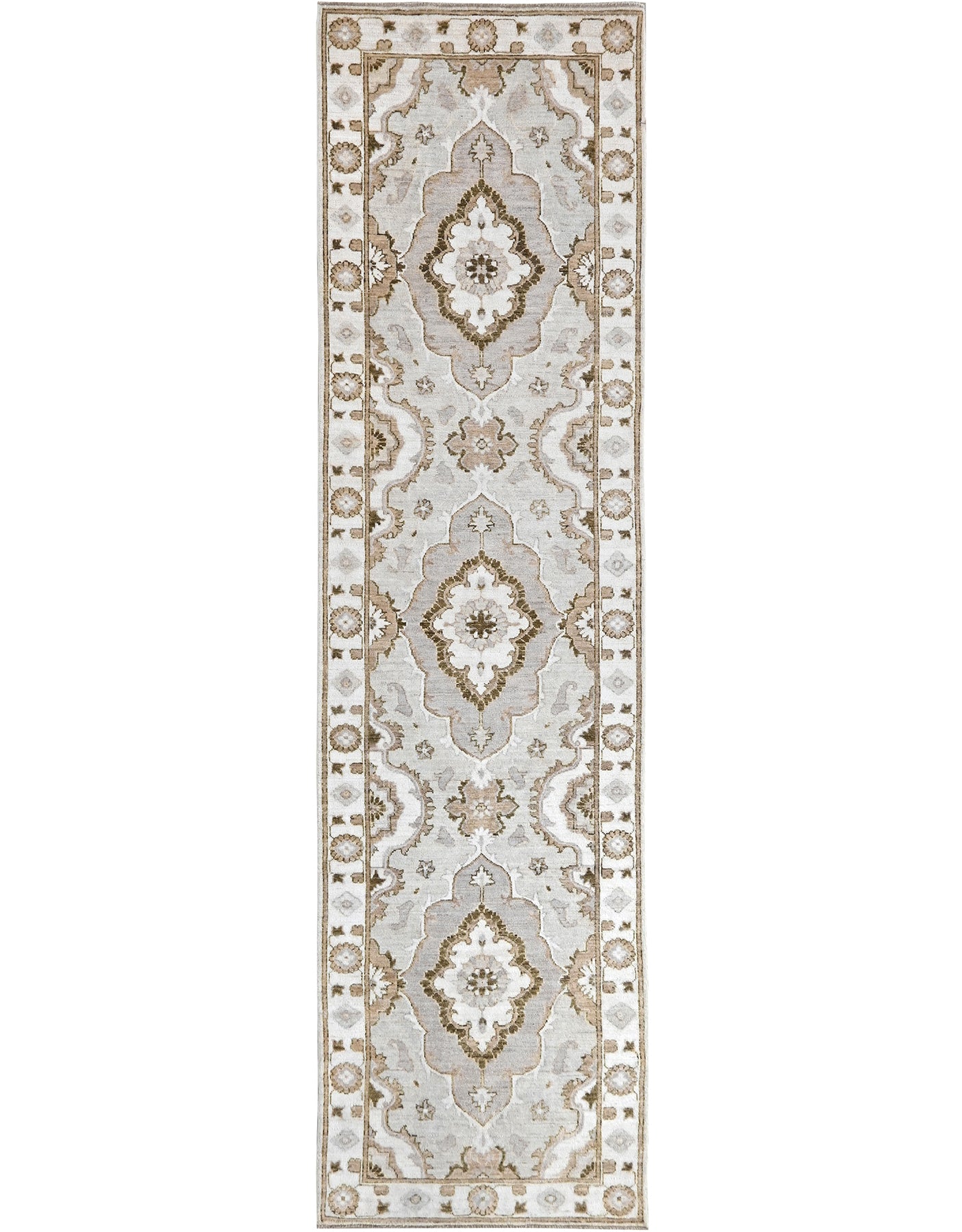 10' long hand-knotted wool runner in shades of gray, taupe, beige, cream, and greige