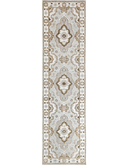 10' long hand-knotted wool runner in shades of gray, taupe, beige, cream, and greige