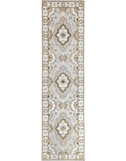 10' long hand-knotted wool runner in shades of gray, taupe, beige, cream, and greige