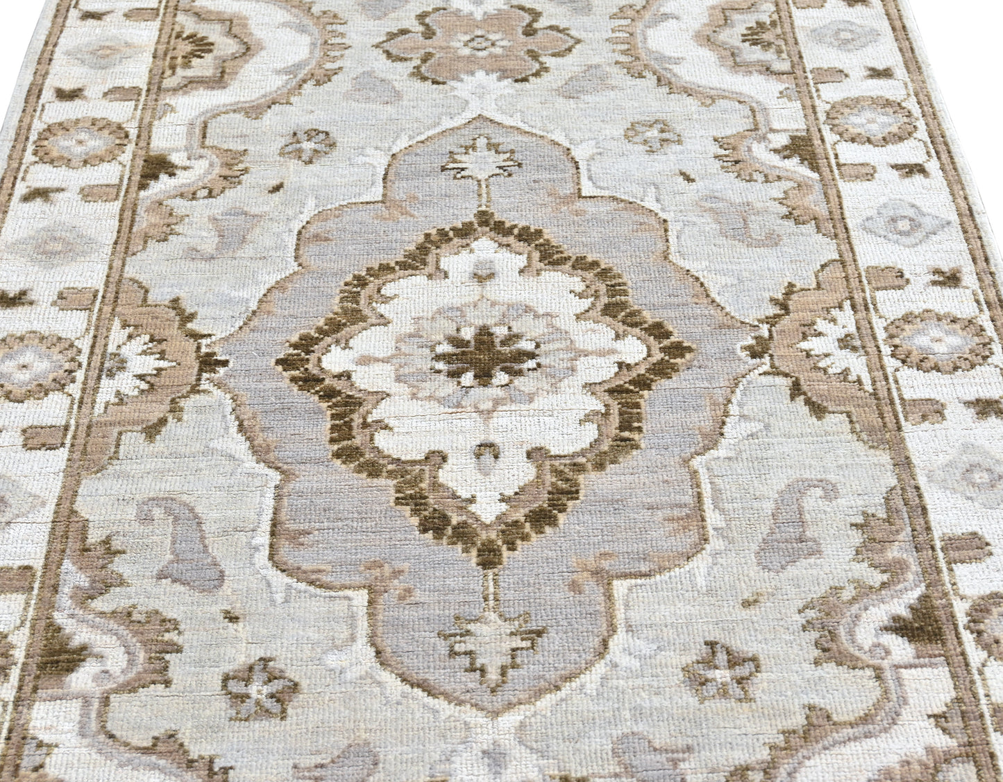 10' long hand-knotted wool runner in shades of gray, taupe, beige, cream, and greige