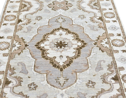 10' long hand-knotted wool runner in shades of gray, taupe, beige, cream, and greige