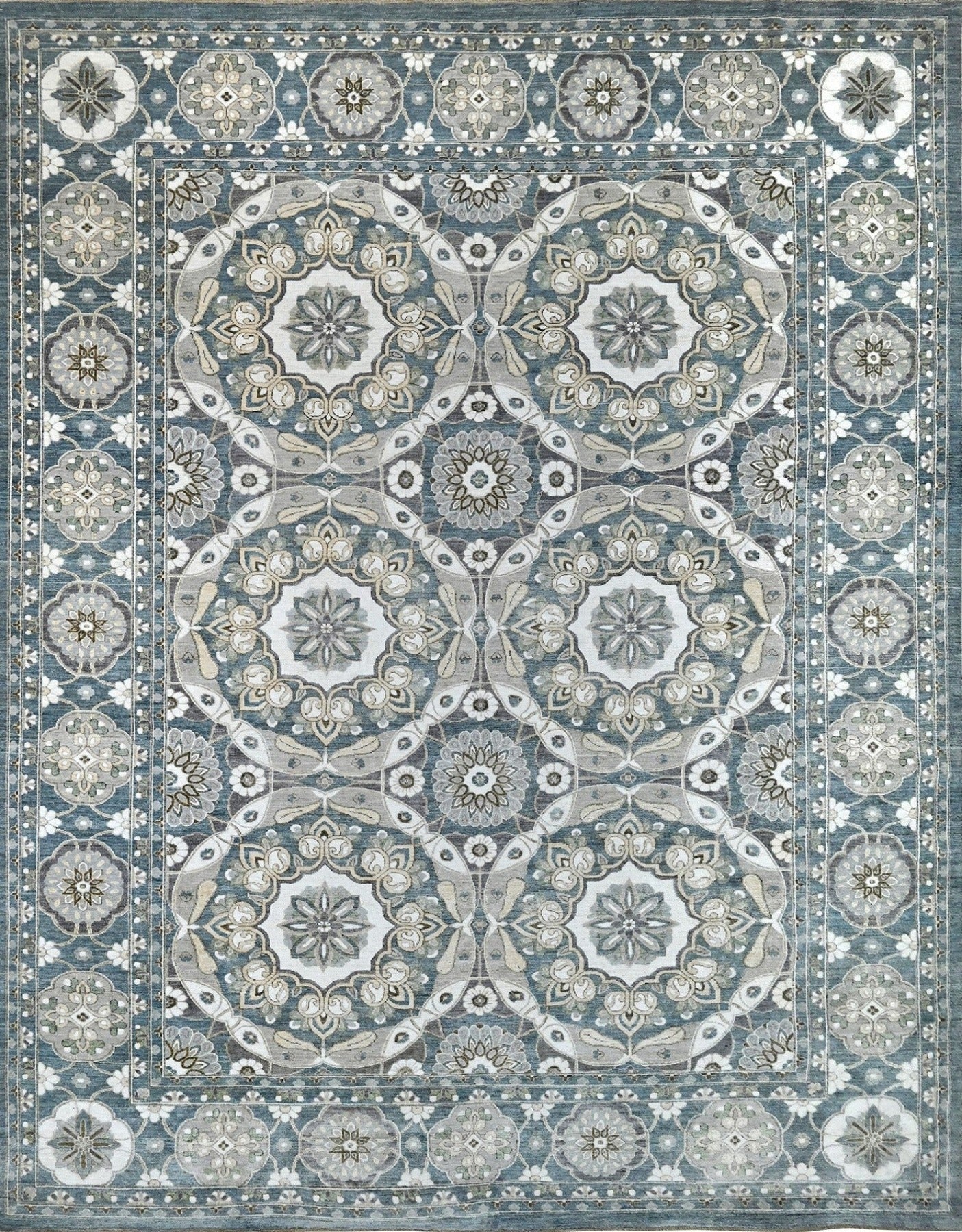 Intricate wool 9 x 12 rug in denim blue with new traditional pattern