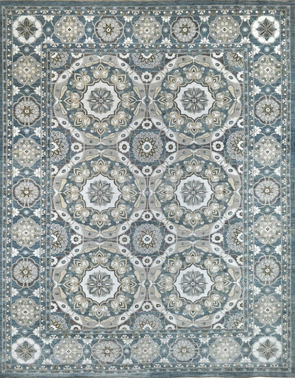 Intricate wool 9 x 12 rug in denim blue with new traditional pattern