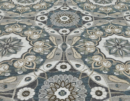 Intricate wool 9 x 12 rug in denim blue with new traditional pattern