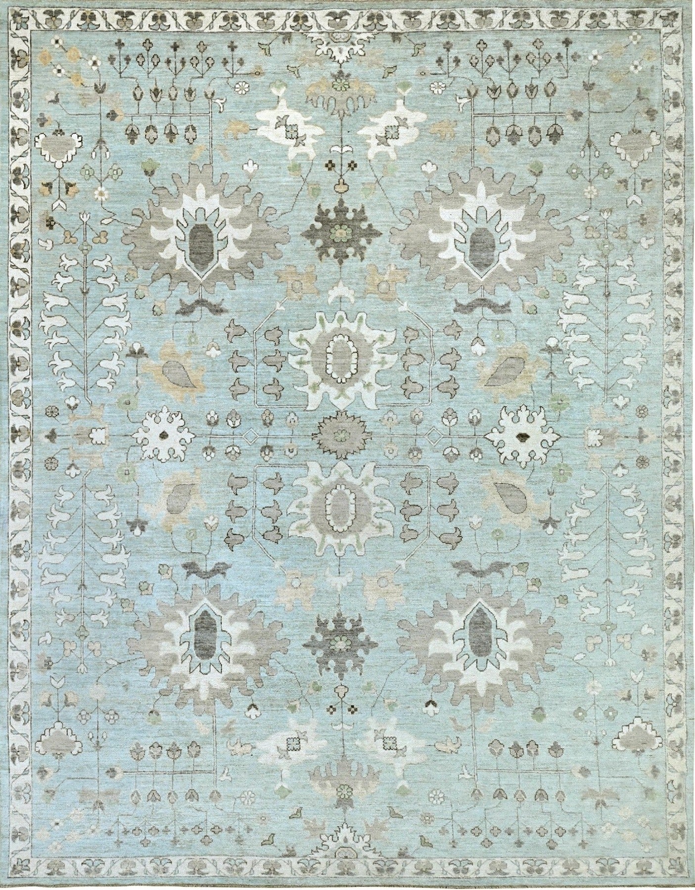 New traditional 9 x 12 patterned wool rug in blue and ivory