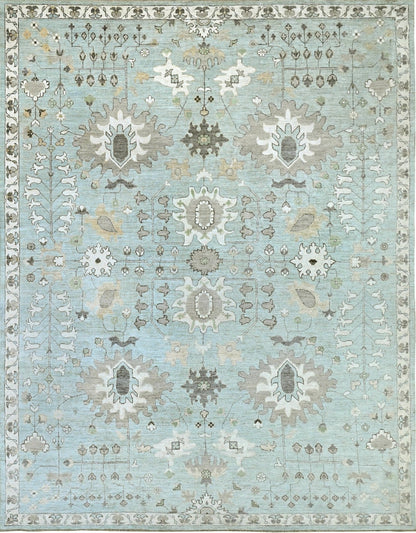 New traditional 9 x 12 patterned wool rug in blue and ivory