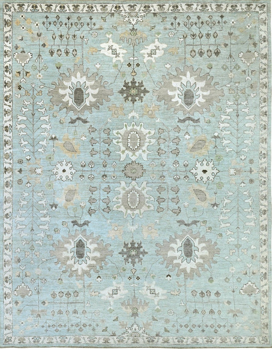 New traditional 9 x 12 patterned wool rug in blue and ivory