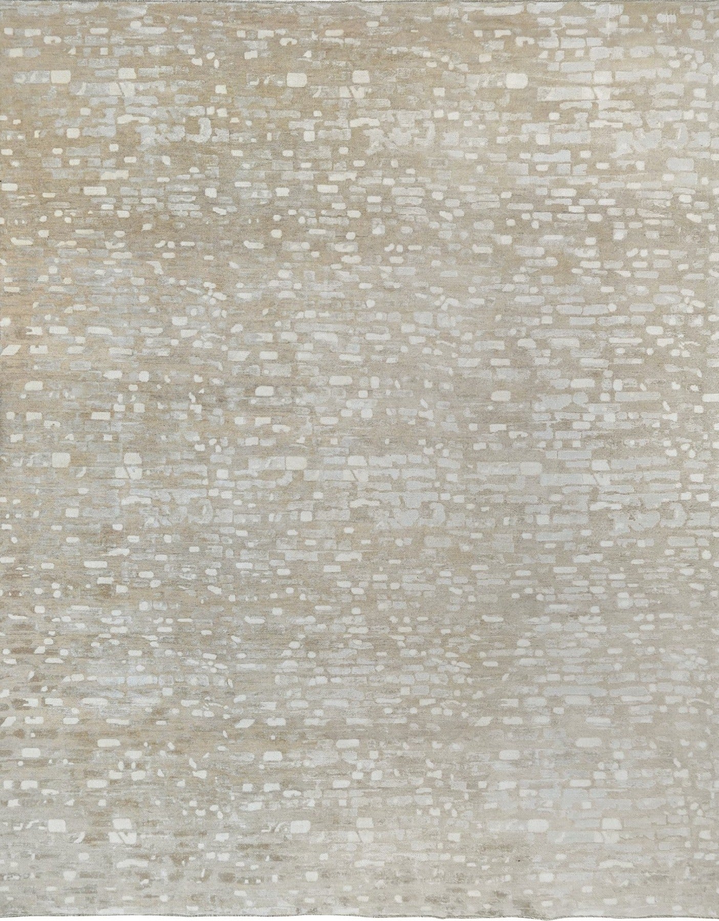 Modern beige and gray handknotted rug with wool and silk.