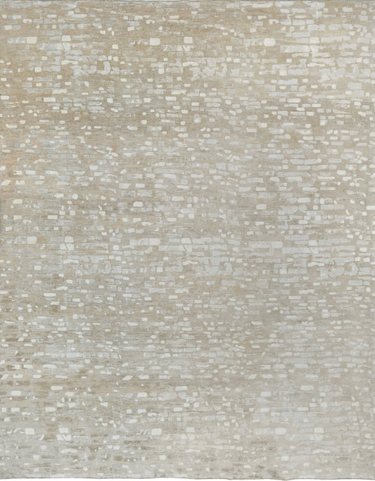 Modern beige and gray handknotted rug with wool and silk.