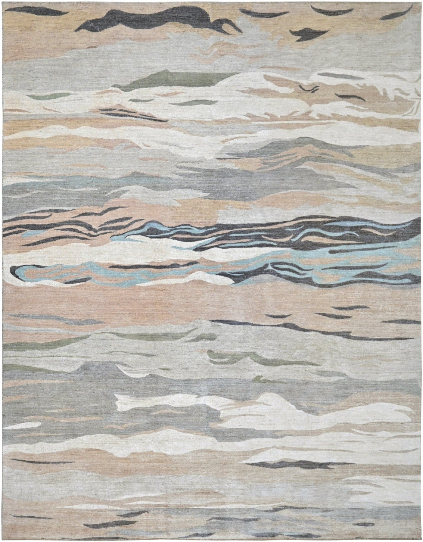 High end, designer modern all wool rug in soft layered colors.