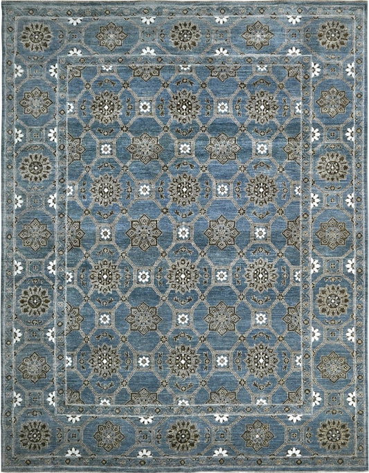 Blue handknotted wool 8 x 10 rug with geometric pattern