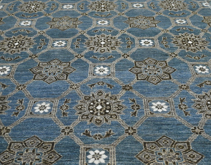 Blue handknotted wool 8 x 10 rug with geometric pattern