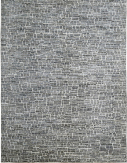 Luxury modern hand-knotted gray rug with an abstract, linear pattern in neutral shades of gray, cream, & ivory.