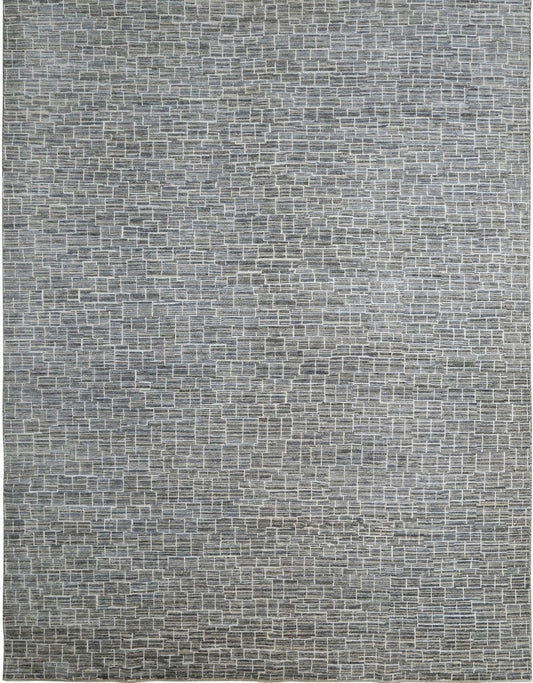 Luxury modern hand-knotted gray rug with an abstract, linear pattern in neutral shades of gray, cream, & ivory.