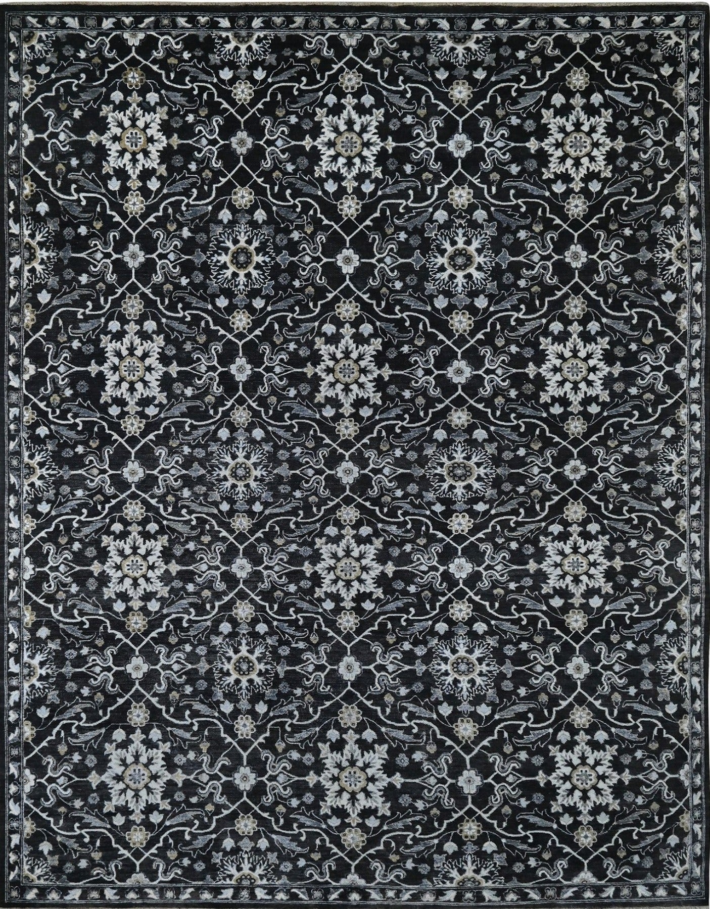 Luxury hand-knotted wool rug. Black with no border and available for custom order.
