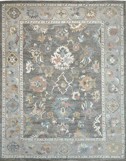 Modern gray affordable oushak with rose, blue, carmel, and ivory. 9x12 rug