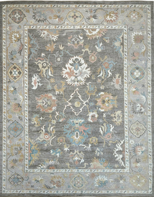Modern gray affordable oushak with rose, blue, carmel, and ivory. 9x12 rug