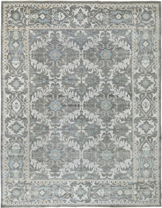 Knotted rug handknotted wool classic look. Quiet luxury in shades of gray, charcoal, blue, taupe, and ivory.