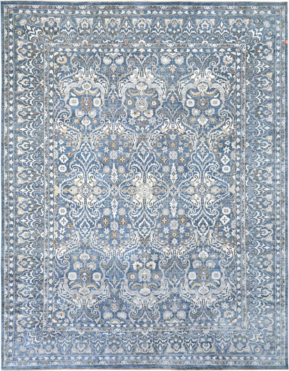 Sophisticated fine quality handknotted blue rug, 290 denim cout "Brocade"