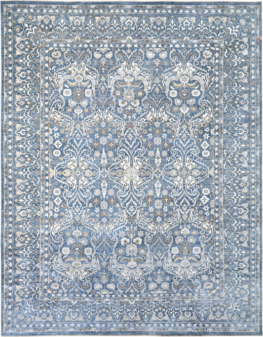 Sophisticated fine quality handknotted blue rug, 290 denim cout "Brocade"