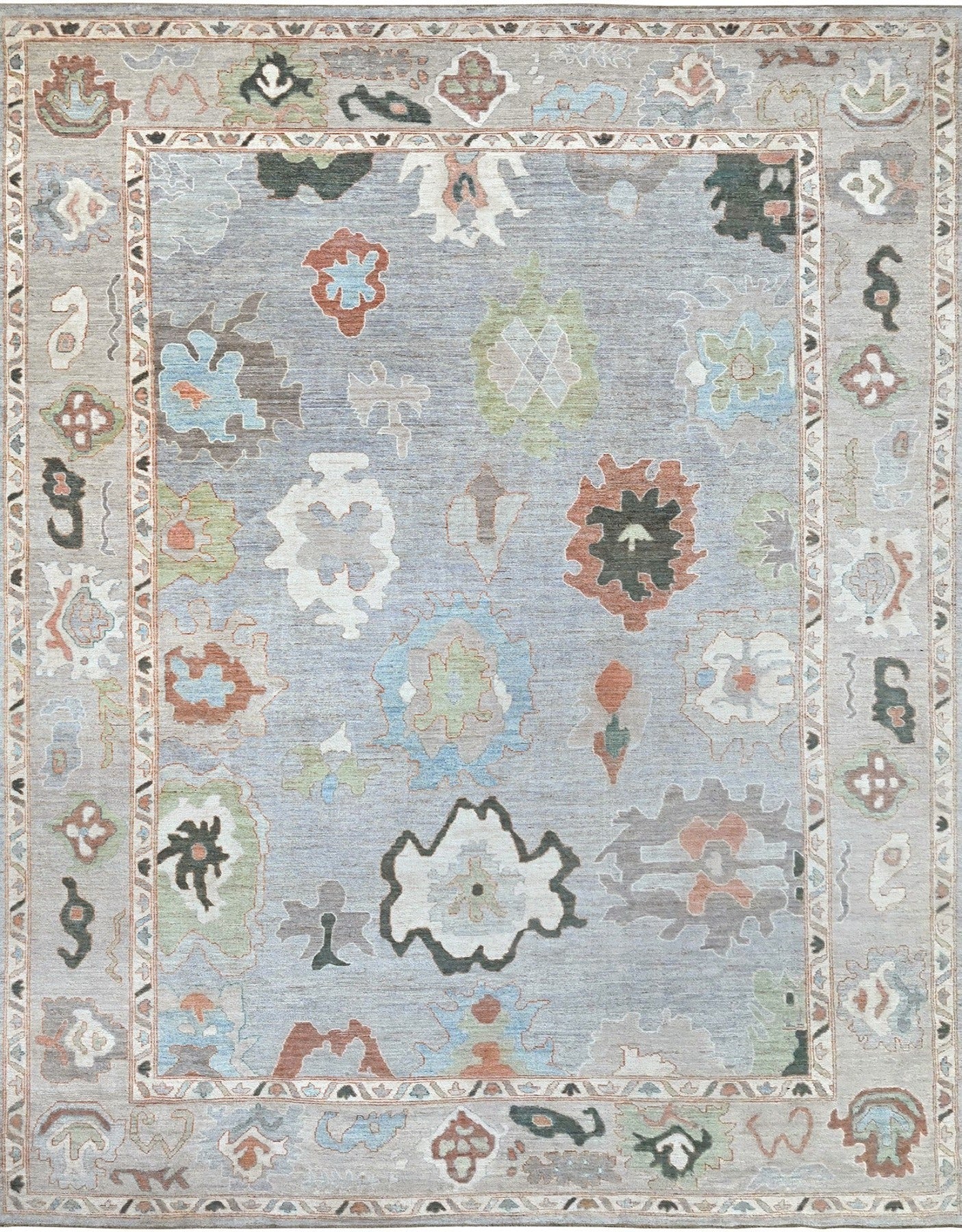 10 x 14 Oushak wool rug with silver, blue, coral, and hunter green