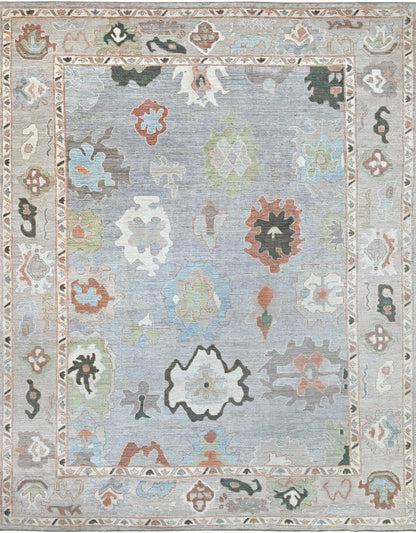 10 x 14 Oushak wool rug with silver, blue, coral, and hunter green