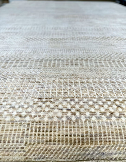 Modern textural handknotted rug with shades of gray, brown, blue, and cream