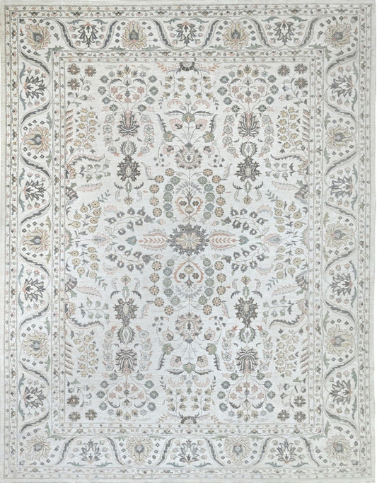 Luxury designer handknotted wool rug, light colors with accents of cinnamon, rust, green, and gray. 10 x 14 size.