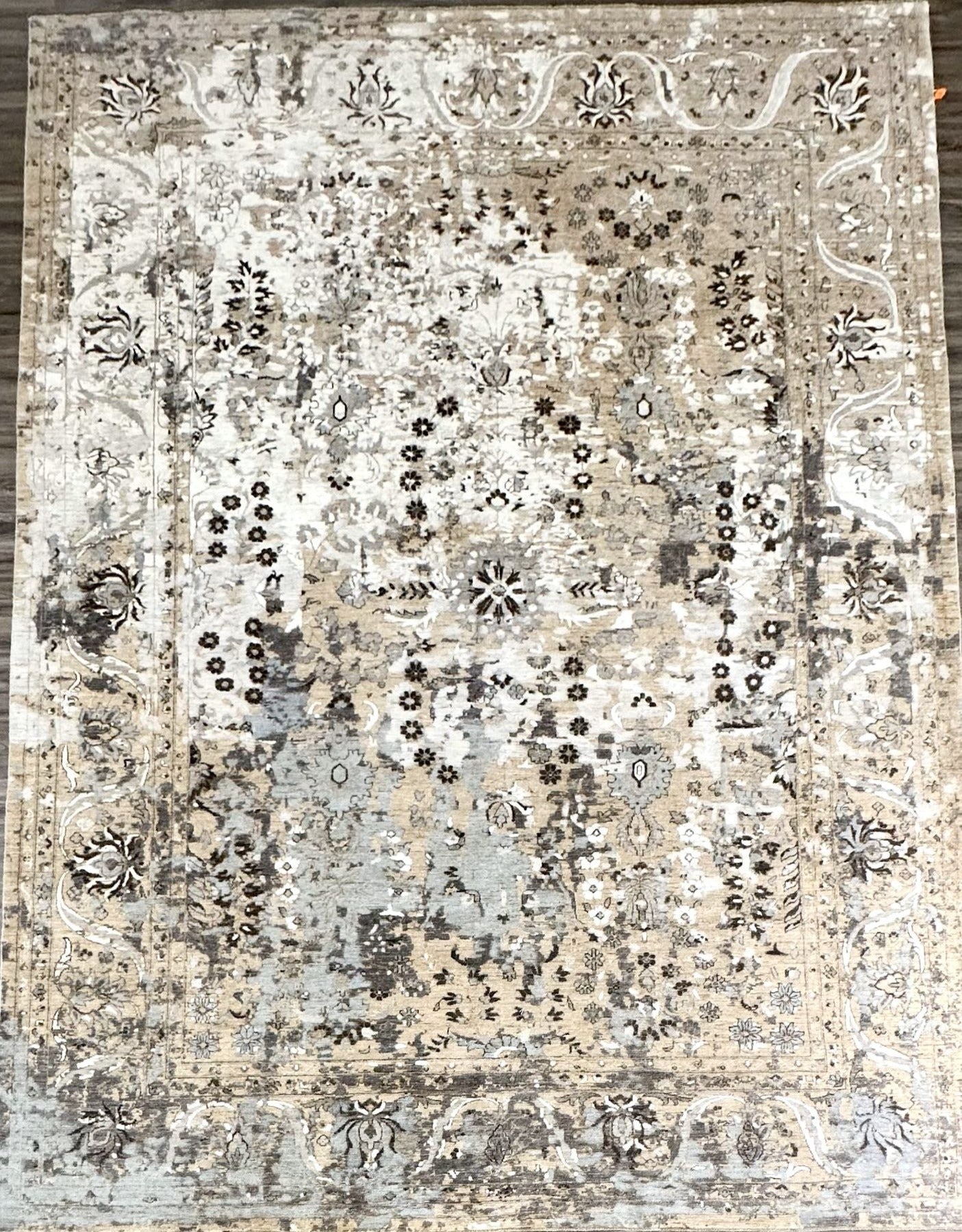 Luxury hand-knotted wool and silk pakistani rug.  Main colors of dark maduro, cream, beige, subtle blue. 10 x 14 wool rug 920 mwb silk