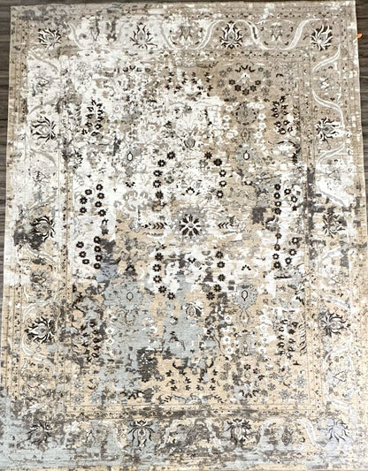 Luxury hand-knotted wool and silk pakistani rug.  Main colors of dark maduro, cream, beige, subtle blue. 10 x 14 wool rug 920 mwb silk