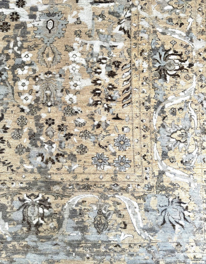 Luxury hand-knotted pakistani rug.  Main colors of dark maduro, cream, beige, subtle blue. 10 x 14 wool rug 920 mwb silk