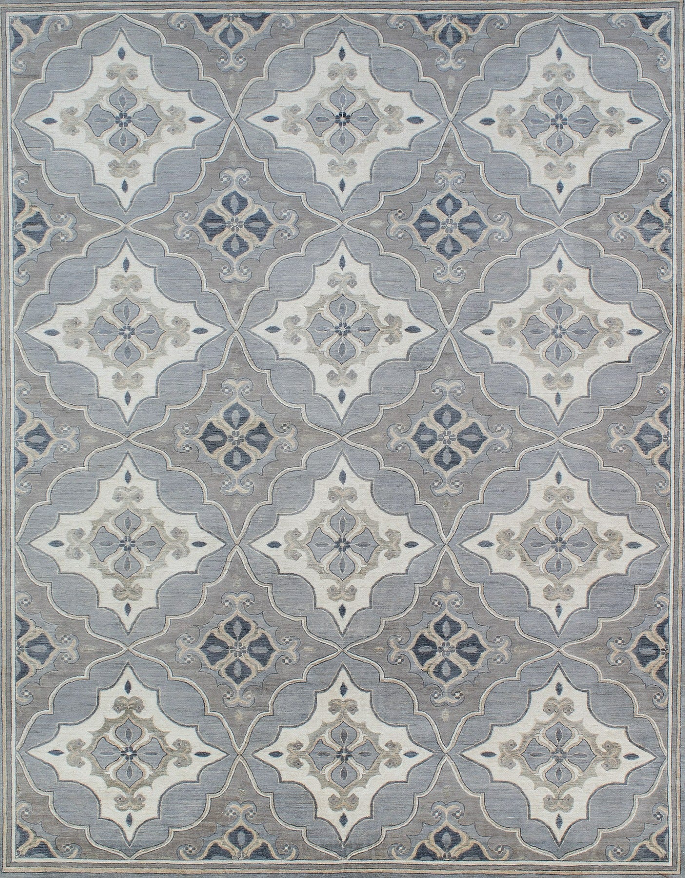 Fine hand-knotted rug made of 100% ghazni wool. Product of Pakistan.This exclusive pattern is available for custom order in any size. Shades of creamy ivory, slate, various grays, greige and ash.