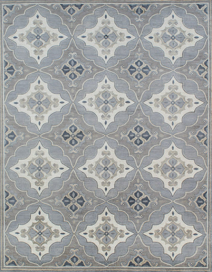 Fine hand-knotted rug made of 100% ghazni wool. Product of Pakistan.This exclusive pattern is available for custom order in any size. Shades of creamy ivory, slate, various grays, greige and ash.