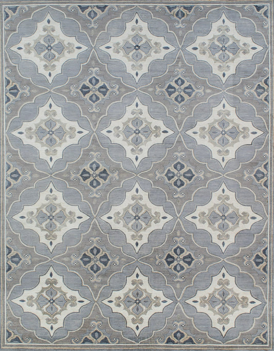 Fine hand-knotted rug made of 100% ghazni wool. Product of Pakistan.This exclusive pattern is available for custom order in any size. Shades of creamy ivory, slate, various grays, greige and ash.