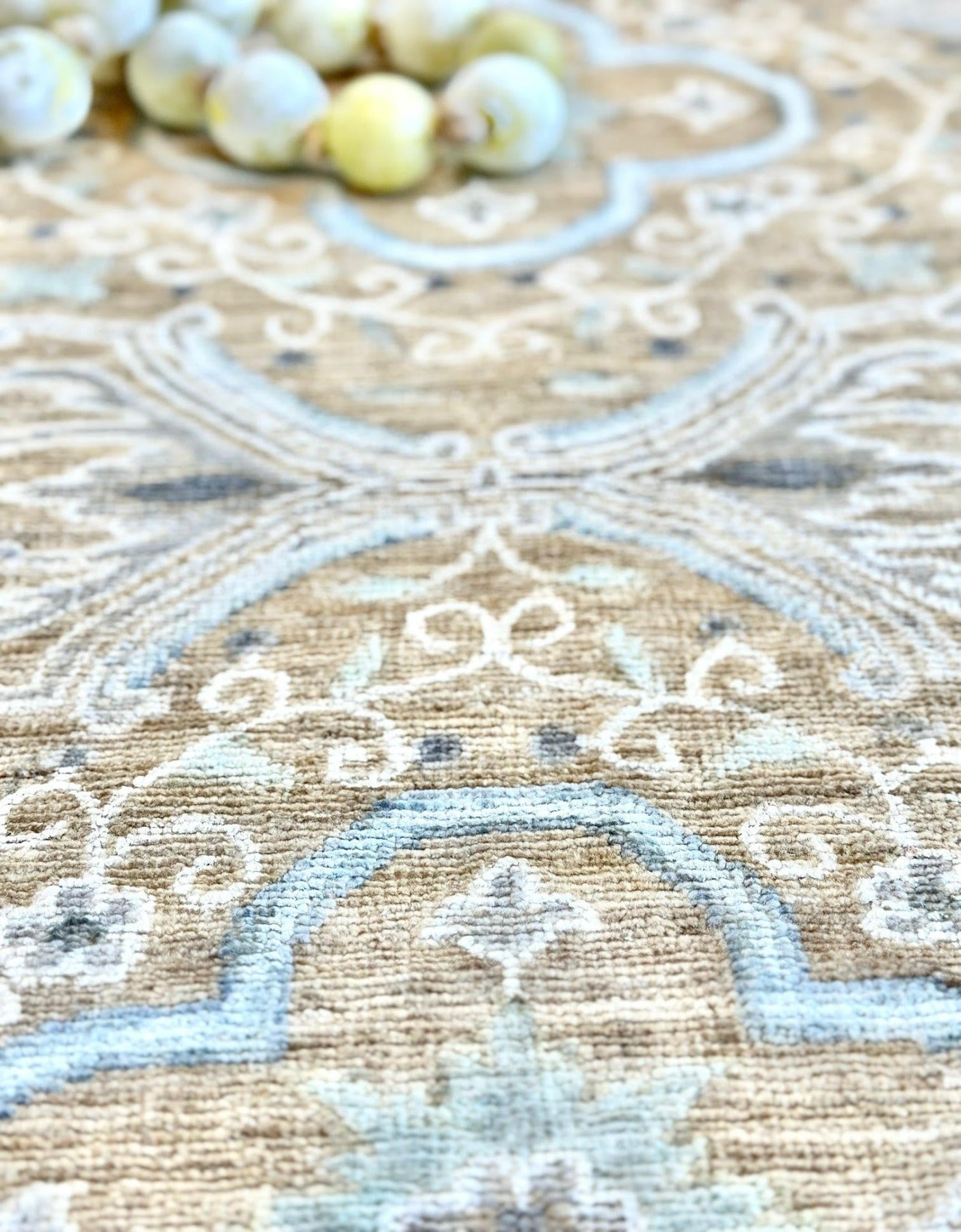 Knotted Couture luxury hand knotted wool rug geometric tan and blue 